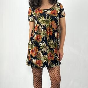 Vintage 90s Grunge Autumnal Floral Babydoll Dress Sz M